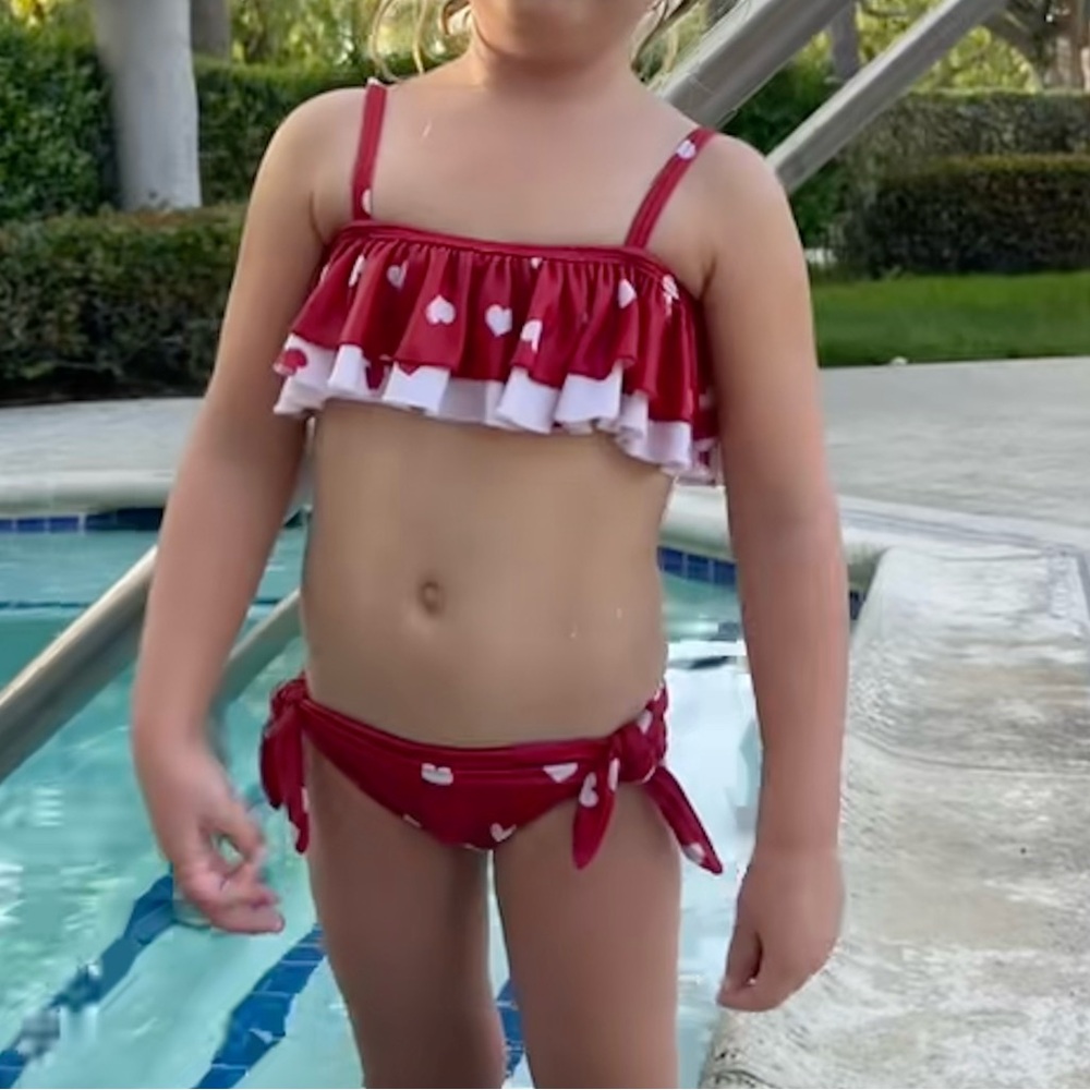 Monnalisa Heart-Printed Two-Piece Ruffled Bikini